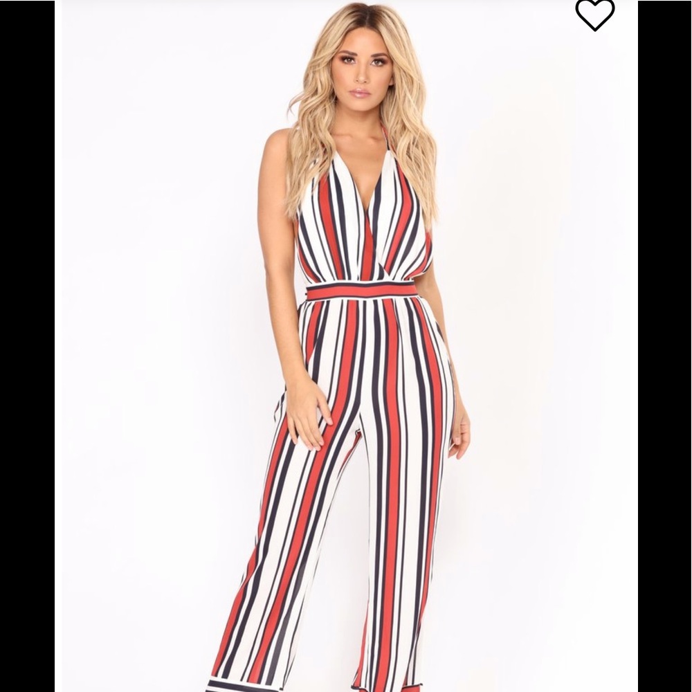 Black blue and red halter top jumpsuit.